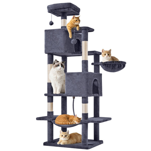 Cat tree with multiple cats on a white background